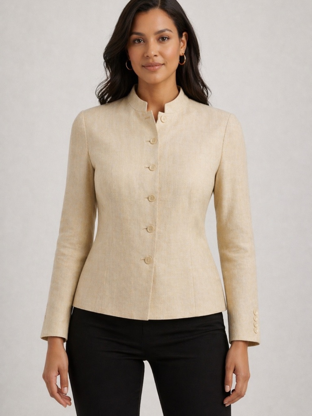 Ralph Lauren Linen Blazer Womens 16 Ivory Mandarin Collar Herringbone Jacket